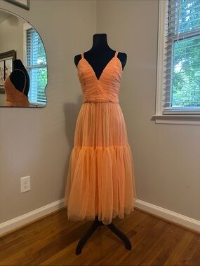 ASOS Orange Tulle Midi Dress with Spaghetti Straps